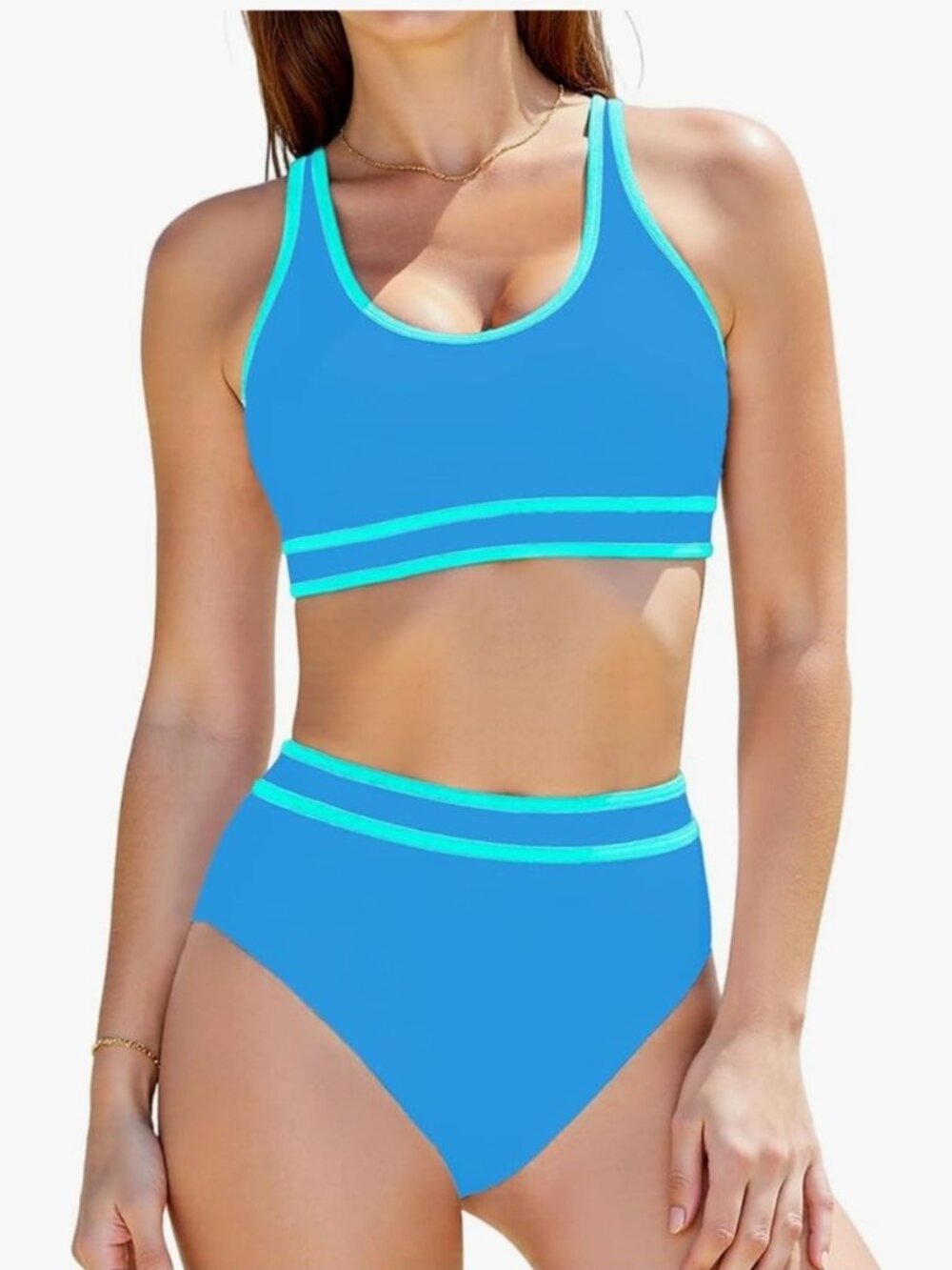 Womens Large Two-Piece Bikini Set High Waist Bottom & Scoop Neck Top Aqua Blue